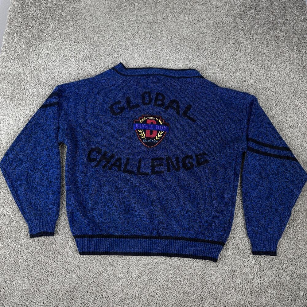 Vintage Bugle Boy Sweater Cardigan Mens Large Blue Global Challenge Crest 90s